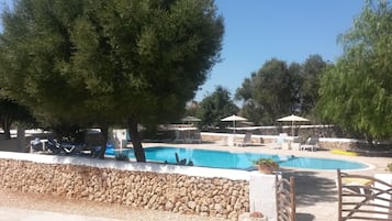 Outdoor pool, pool umbrellas, pool loungers