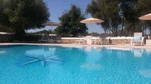 Outdoor pool, pool umbrellas, pool loungers
