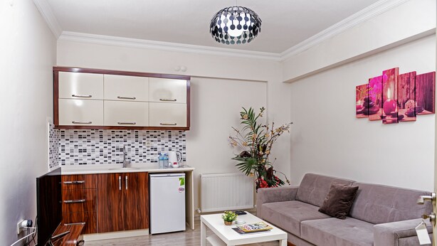 A compact living space with a kitchenette, a sofa, a coffee table, and a potted plant. - MySun Hotel (Izmir)