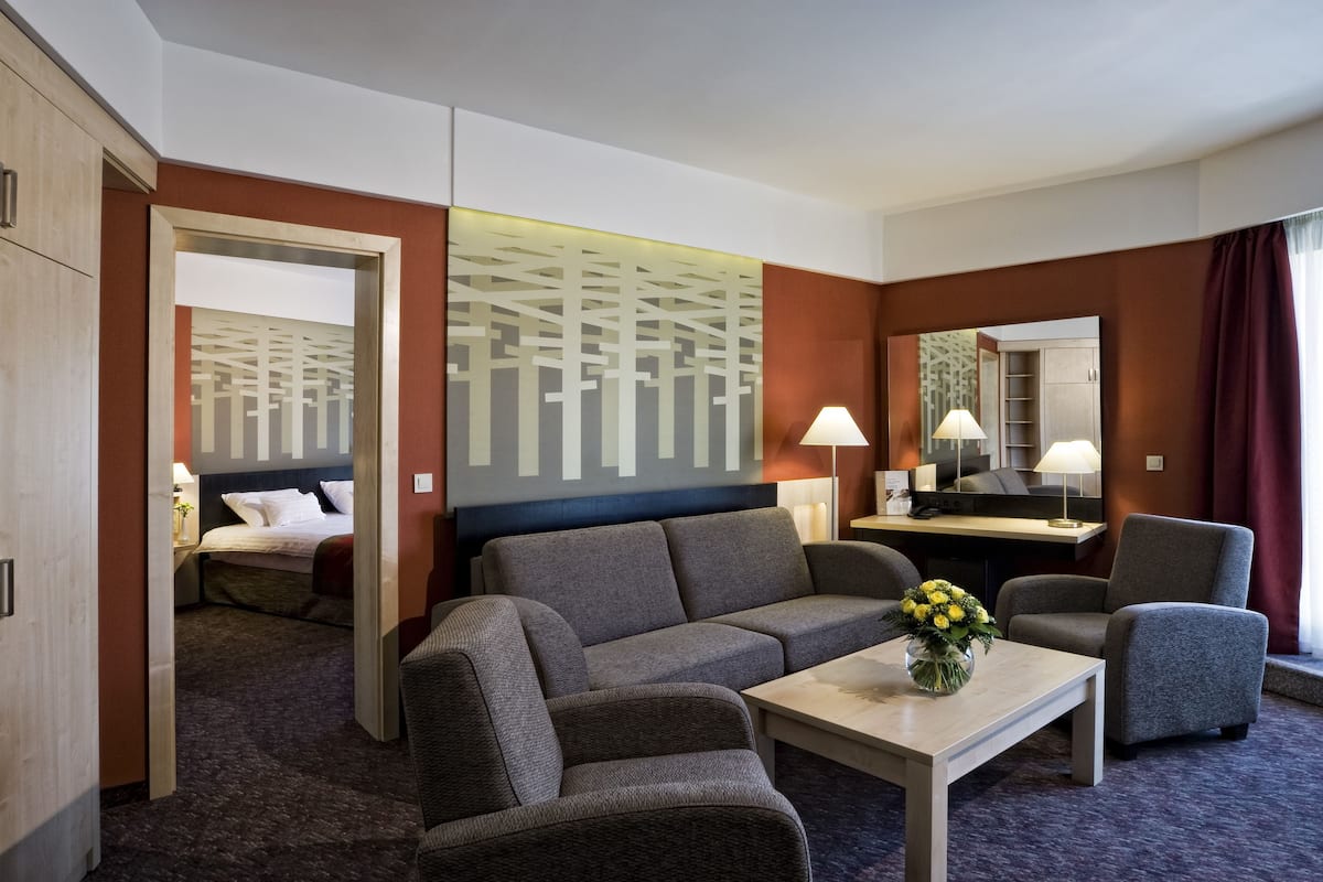 Deluxe Suite, 1 Bedroom, Jetted Tub | Living room | Flat-screen TV