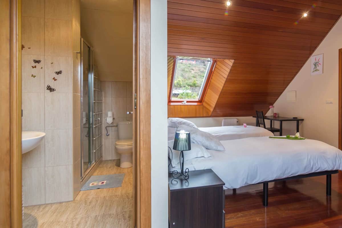 A bedroom with two beds, a skylight, a bathroom with a toilet and sink, and wooden flooring.