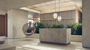 A modern interior with a hanging chair, a concrete reception desk, and a bamboo wall. - Olea All Suite Hotel, a Member of Design Hotels (Zakynthos)
