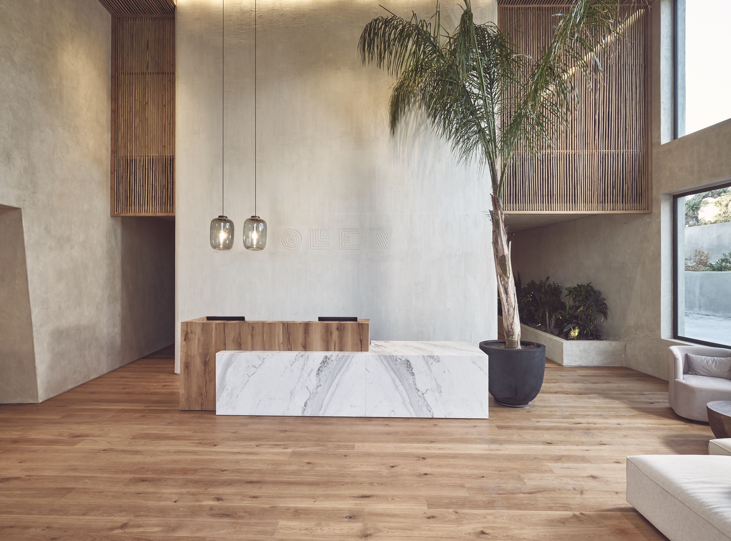 A modern reception area with a marble reception desk, wooden slatted walls, hanging pendant lights, and a large potted plant.