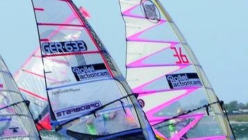 A sailboat with multiple sails, each marked with "Roller Actioncam" and "Starboard" text.