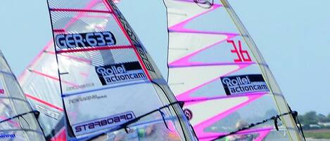 A sailboat with multiple sails, each marked with "Roller Actioncam" and "Starboard" text.