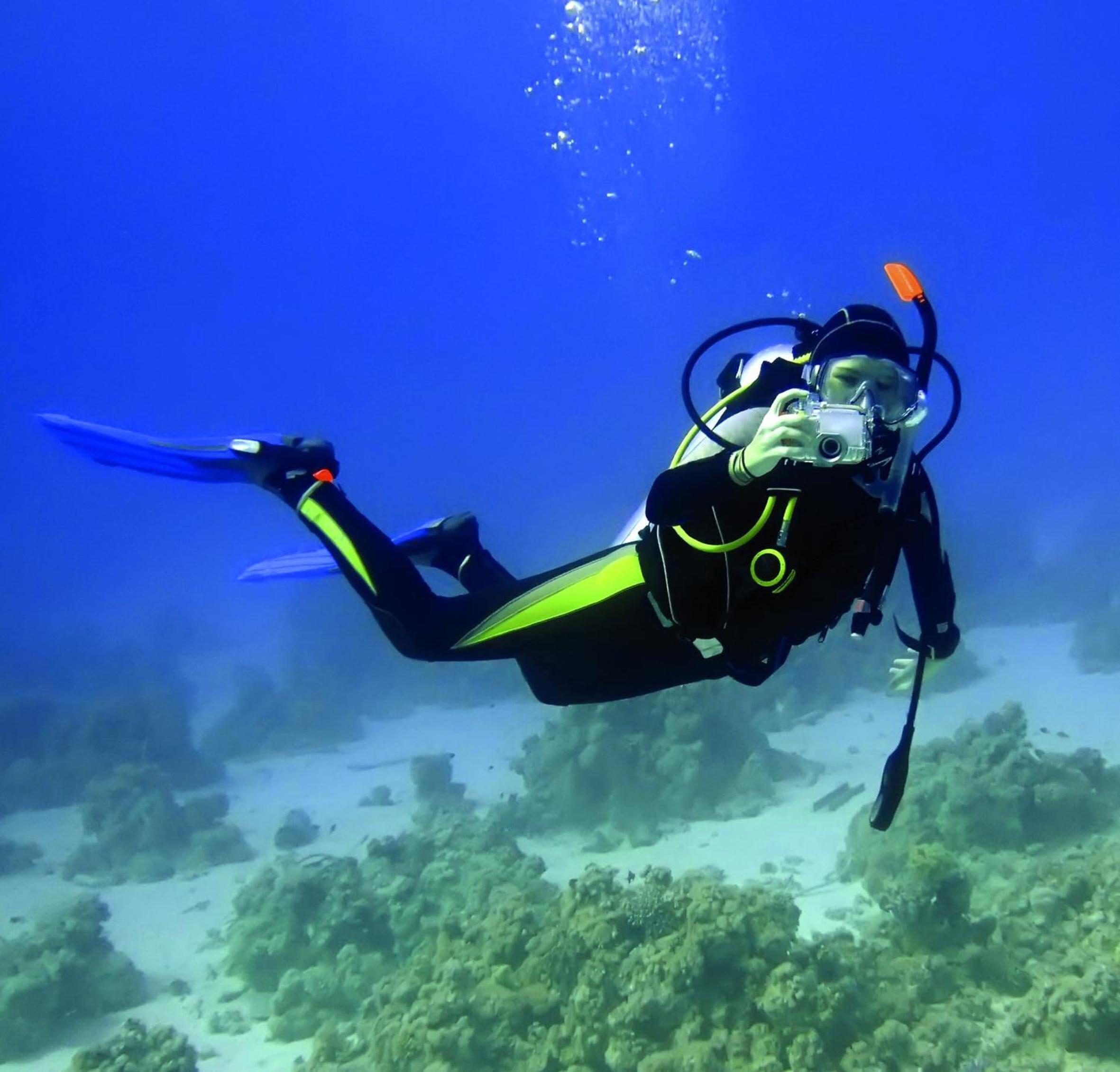 A diver in a black and yellow wetsuit with fins, underwater.