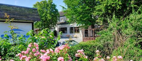 A hotel with a garden area featuring pink roses, a pool, and a building with a sign that reads "HOTEL Sonorainsel".
