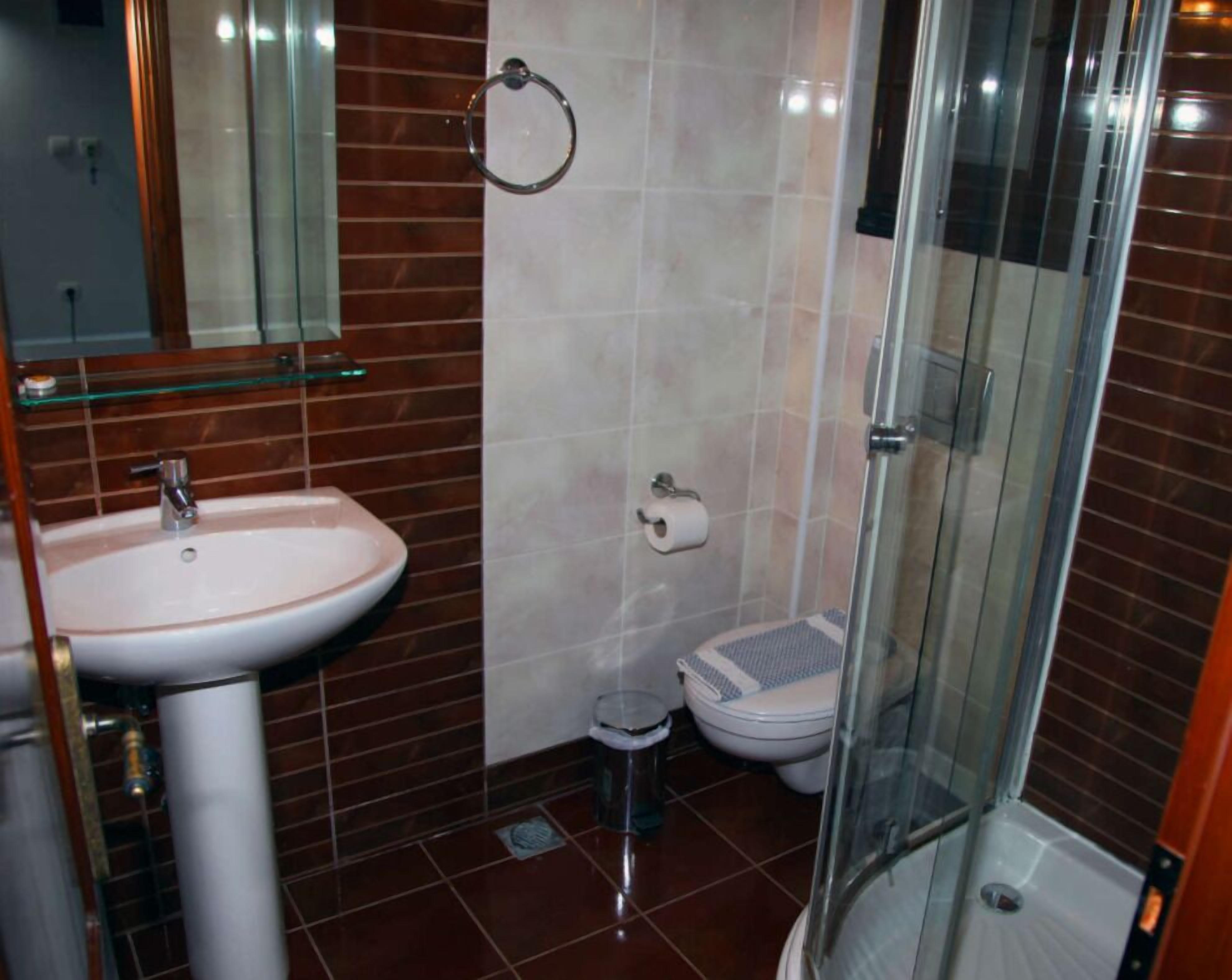 A bathroom with a sink, toilet, and glass shower enclosure.