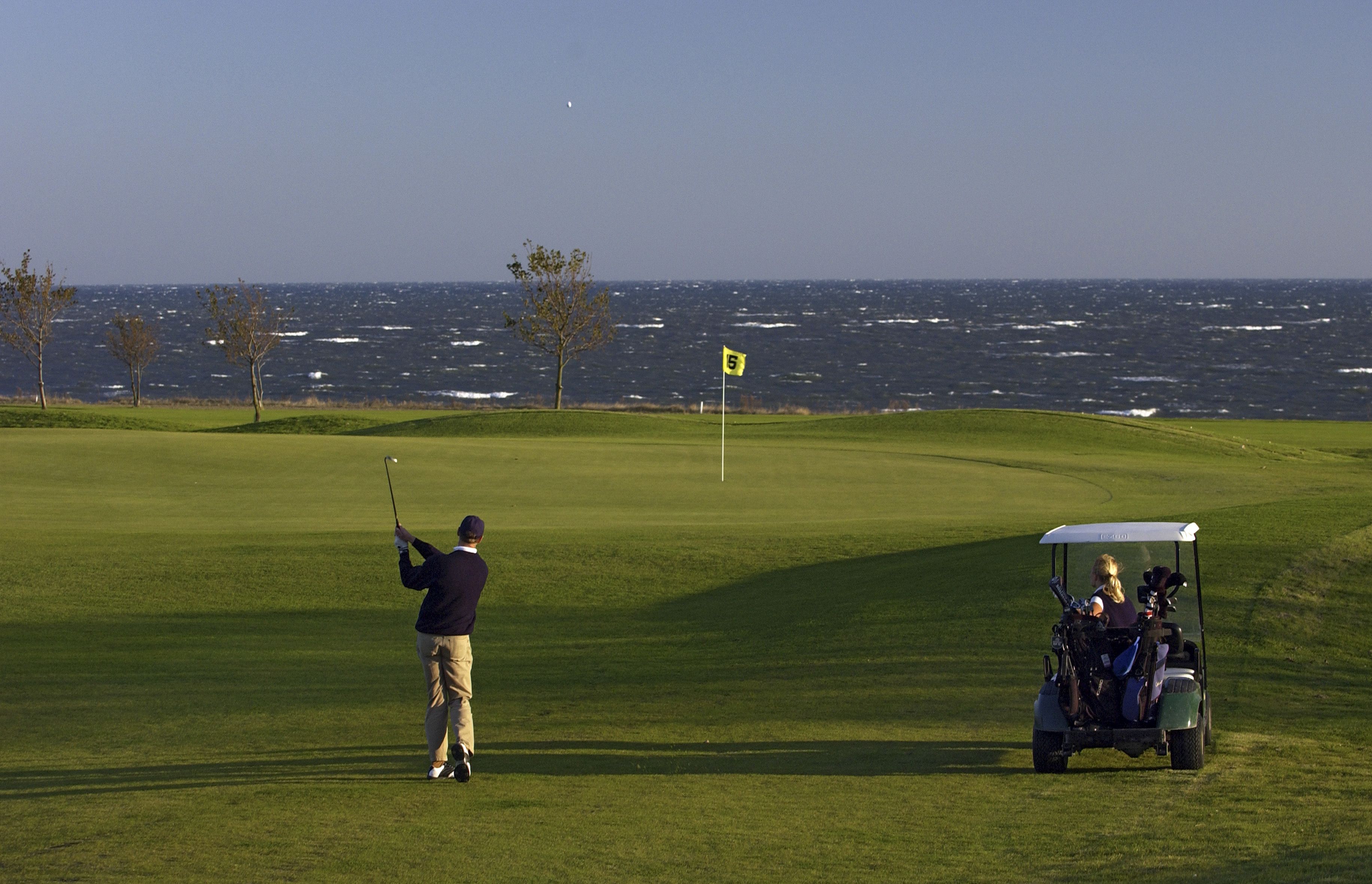 Un campo de golf con una bandera en el green, un golfista en primer plano y un carrito de golf al fondo.