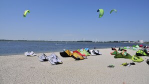 En strand med flere drager og udstyr til windsurfing.