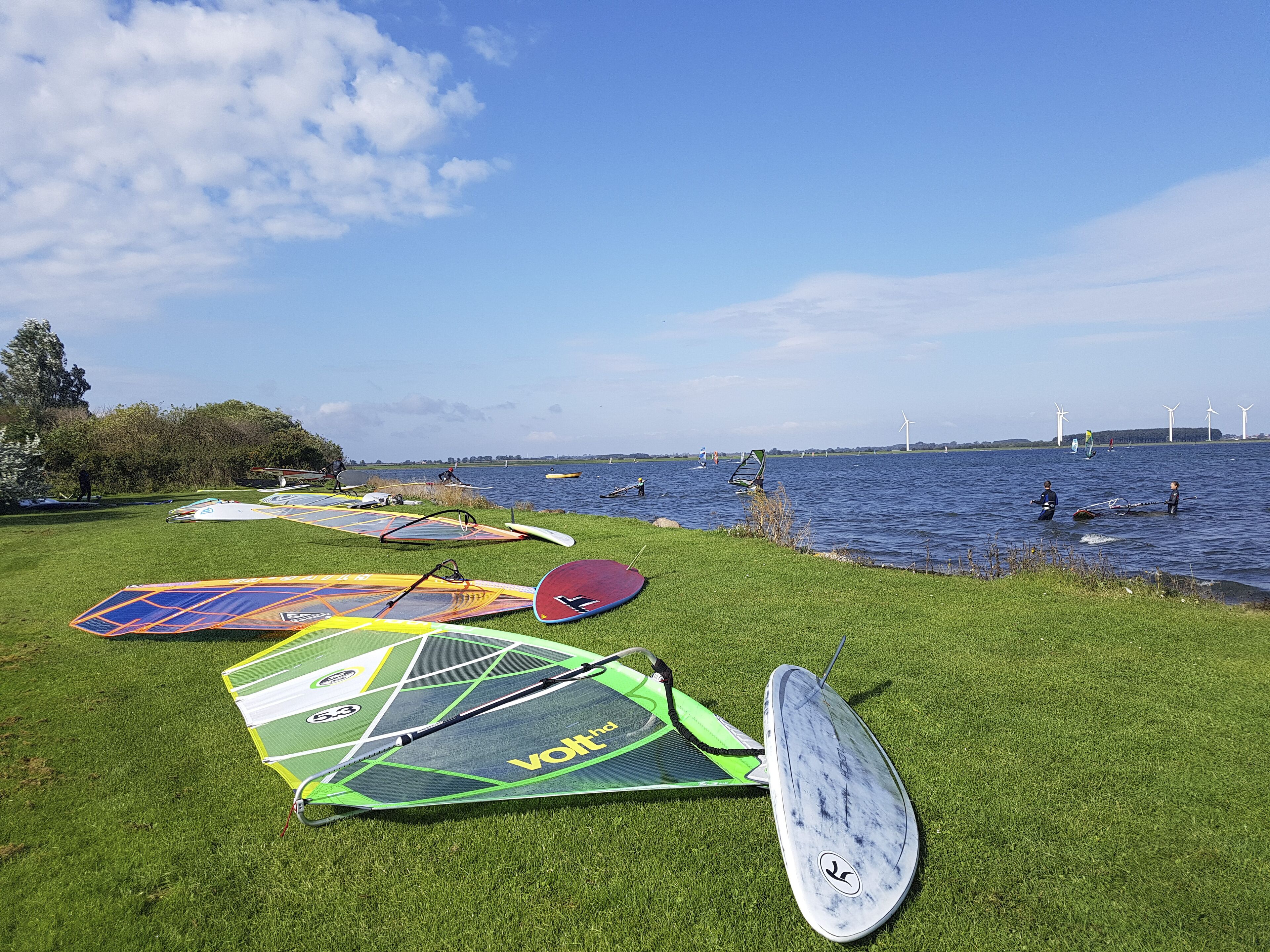A grassy area with windsurfing boards and a lake with wind turbines in the background.