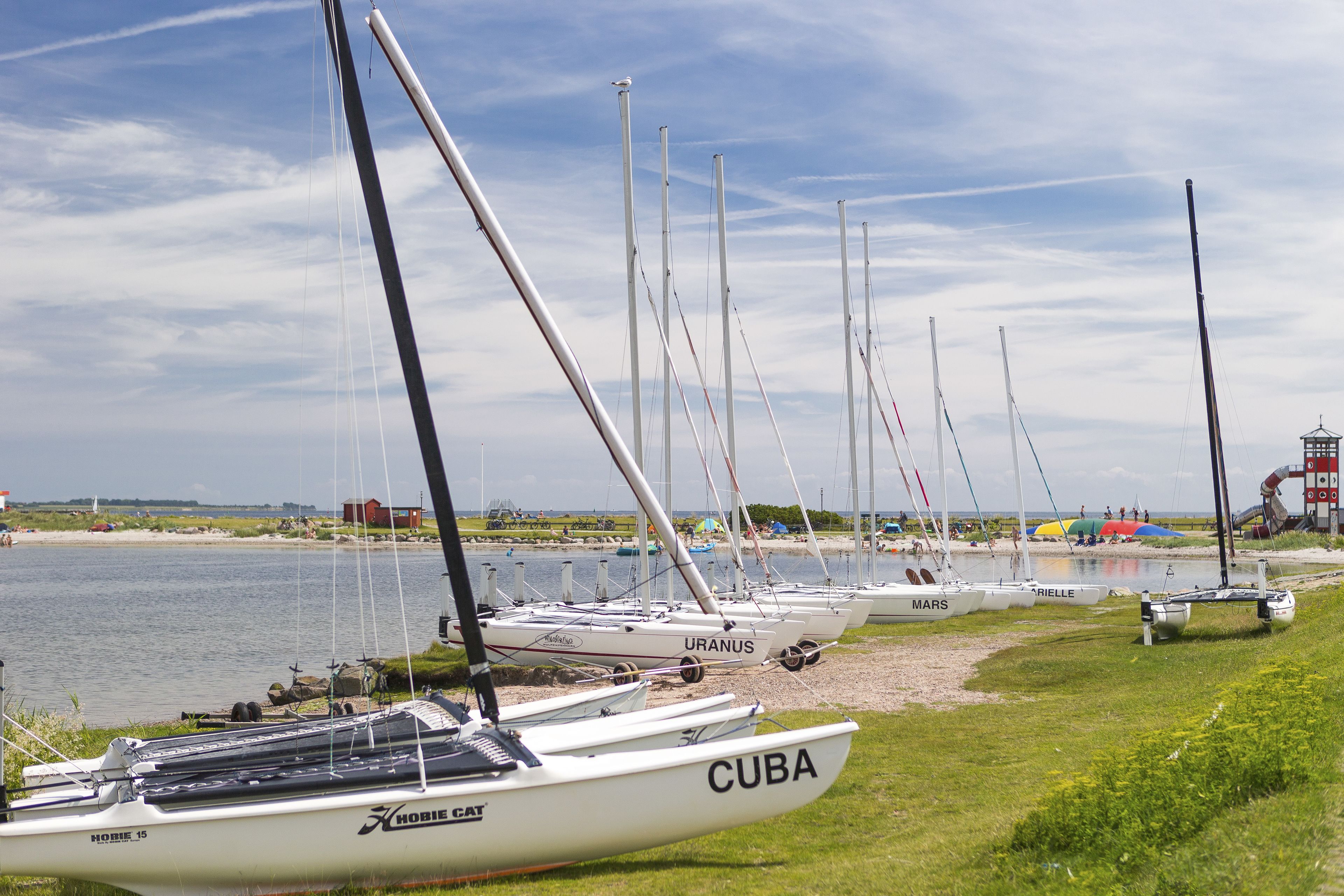 A marina with several sailboats docked along the shore.