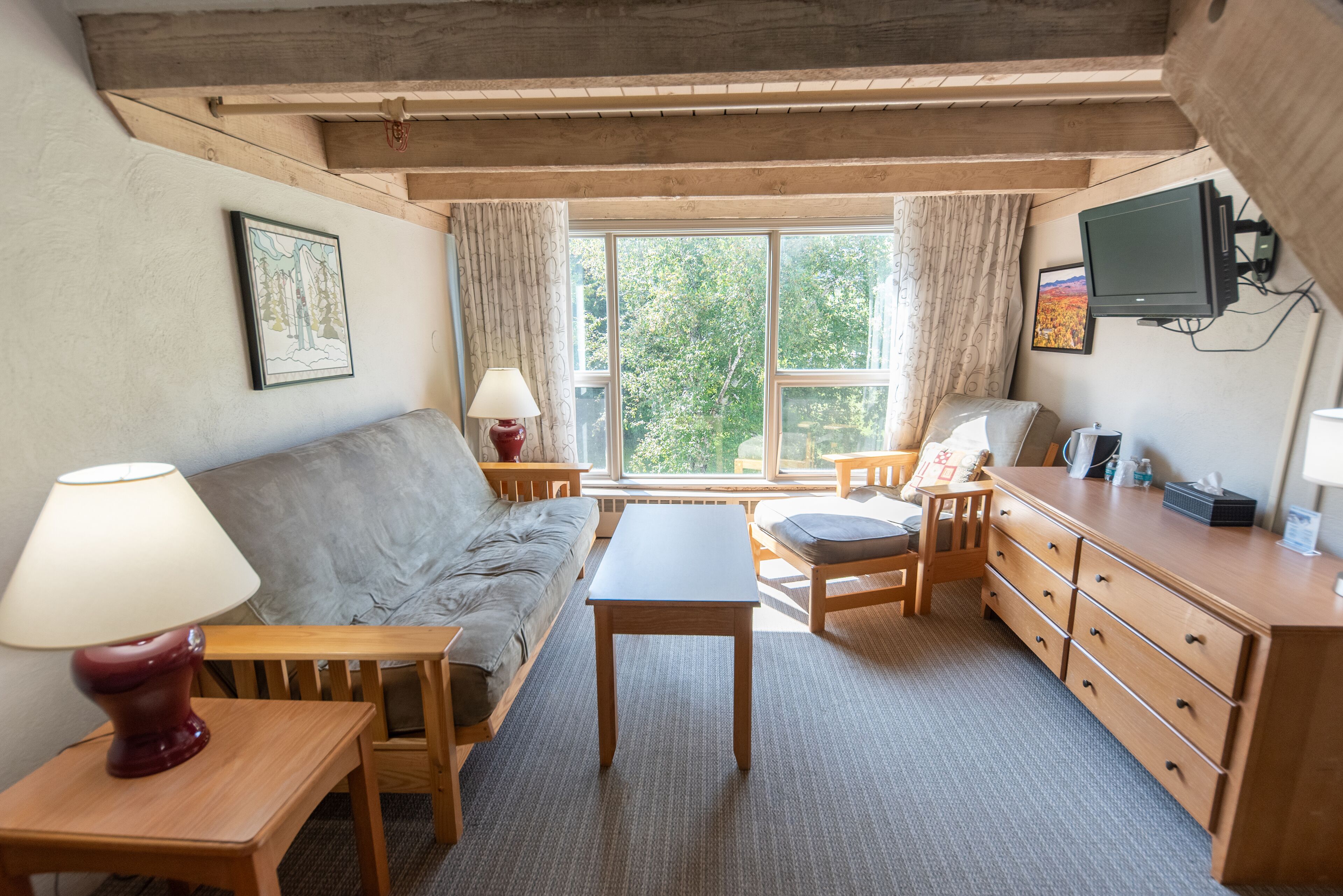 loft queen bed w/ full bed, twin trundle | living area | 40-inch smart tv with digital channels