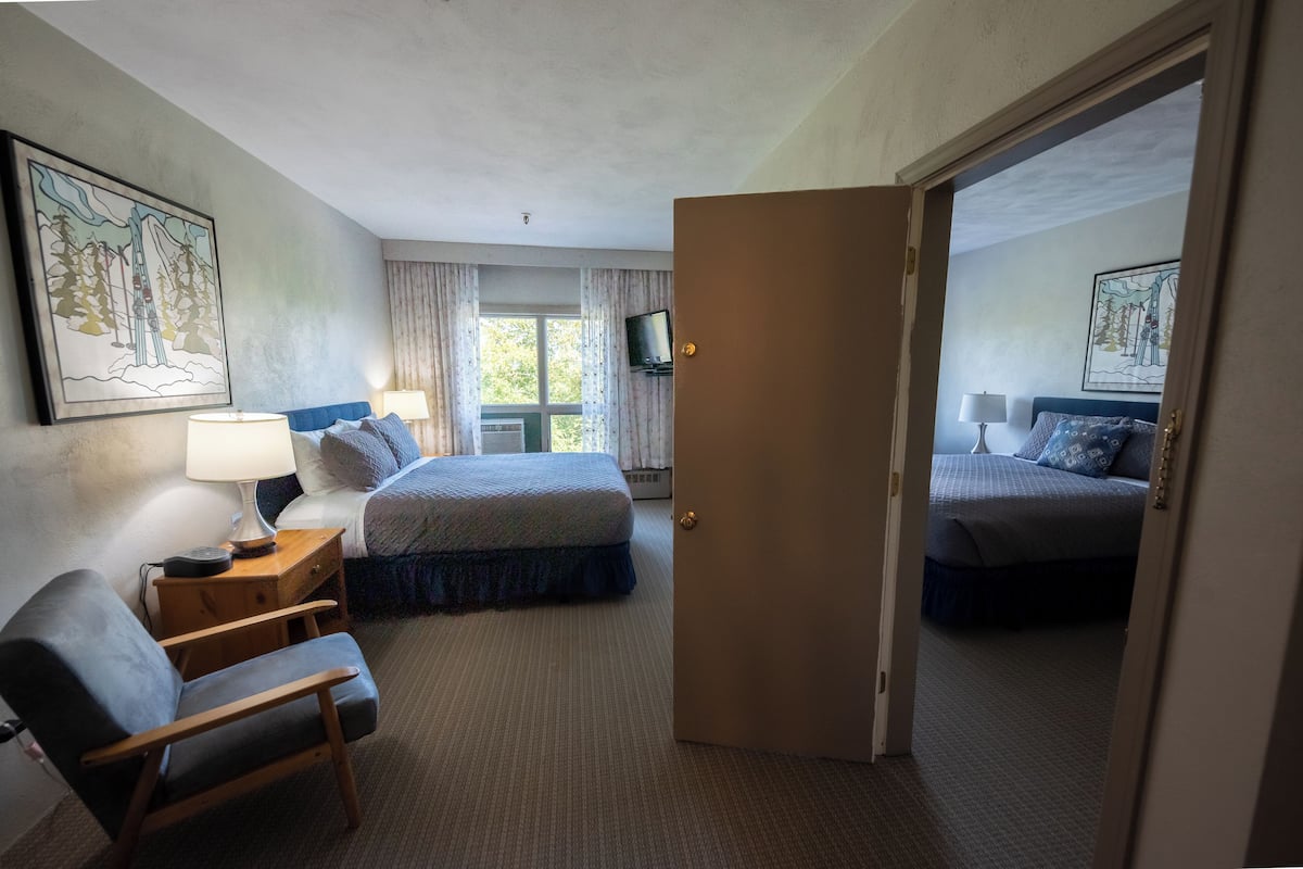 Habitación de hotel con dos camas, una silla, un televisor y un cuadro en la pared.