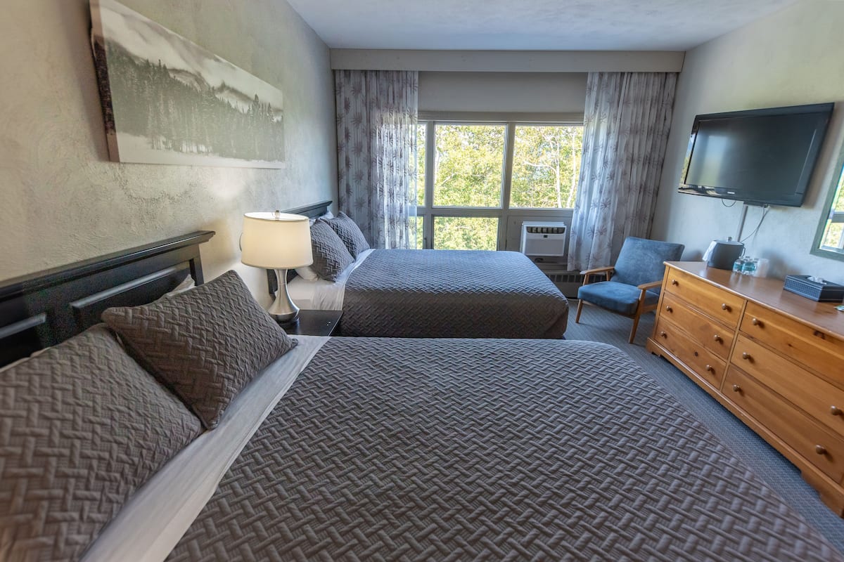 Habitación de hotel con dos camas, televisión, cómoda y ventana con cortinas.