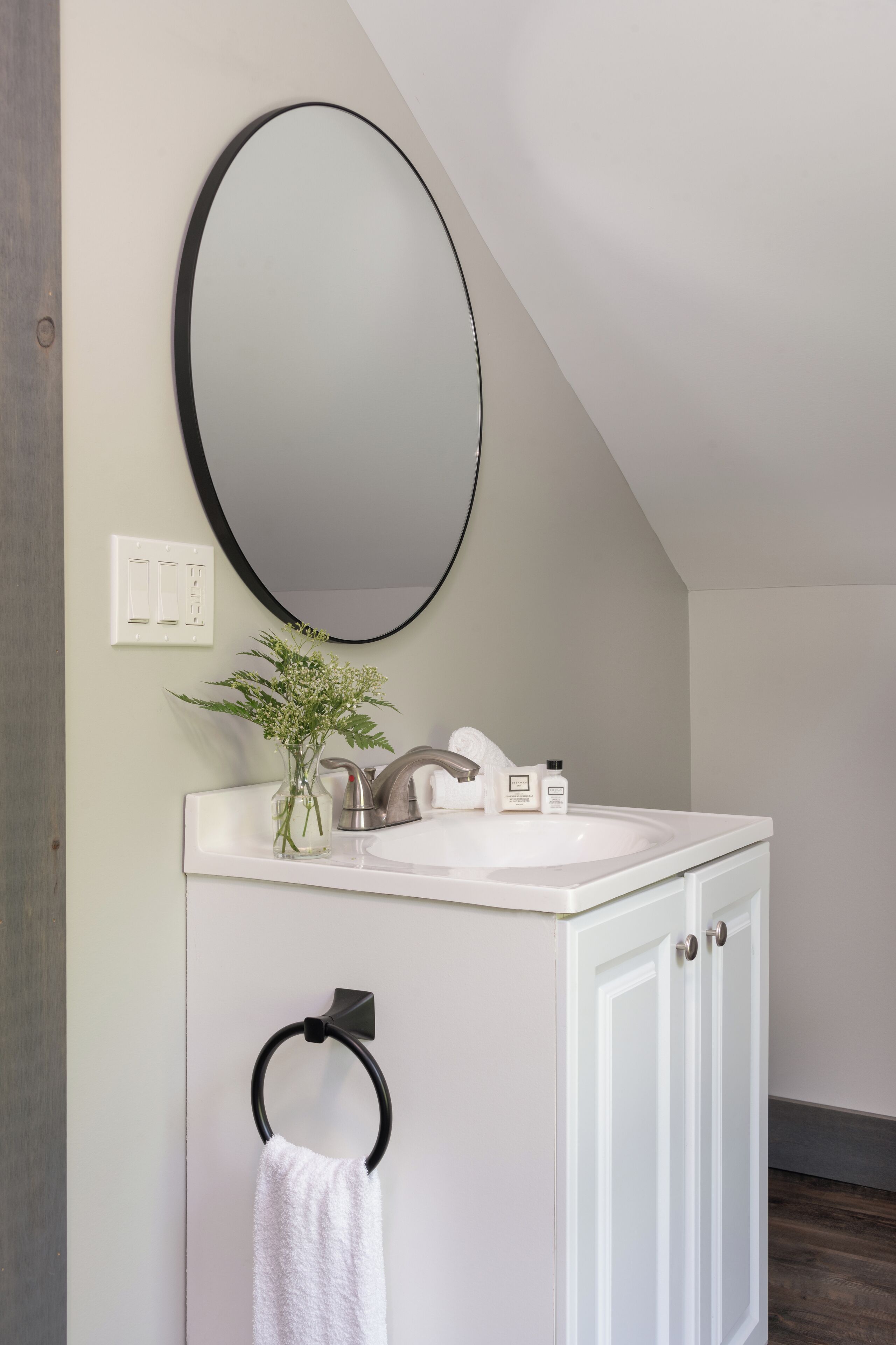 Une salle de bain avec un meuble-lavabo blanc, un miroir rond, un porte-serviettes, une petite plante et un lavabo blanc.