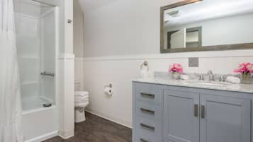 A bathroom with a shower, toilet, vanity with a mirror, and a sink.
