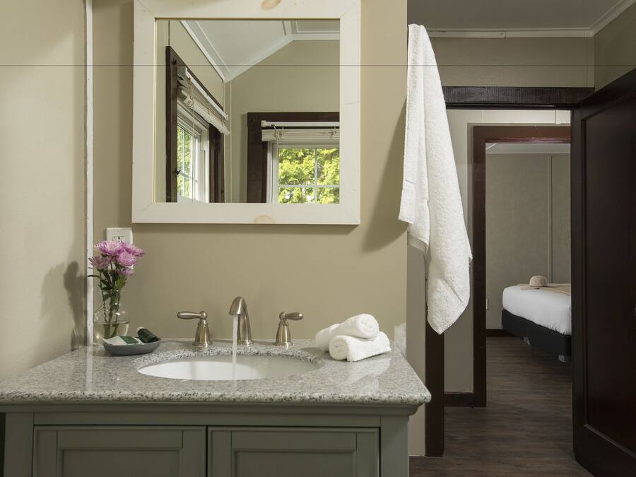 Une salle de bain avec un lavabo, un miroir et un porte-serviettes.