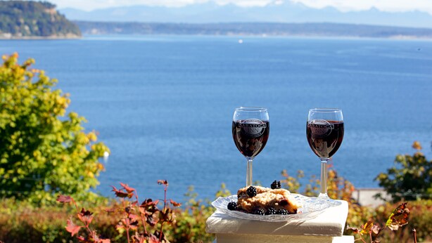 Une vue pittoresque d’une région côtière, avec deux verres de vin rouge posés sur une table, d’où l’on peut admirer la mer et les montagnes.