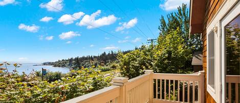 A balcony with a view of a lake and forest.