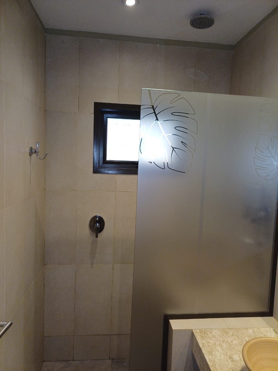Une salle de bain avec une cloison en verre dépoli, une petite fenêtre et un espace douche.