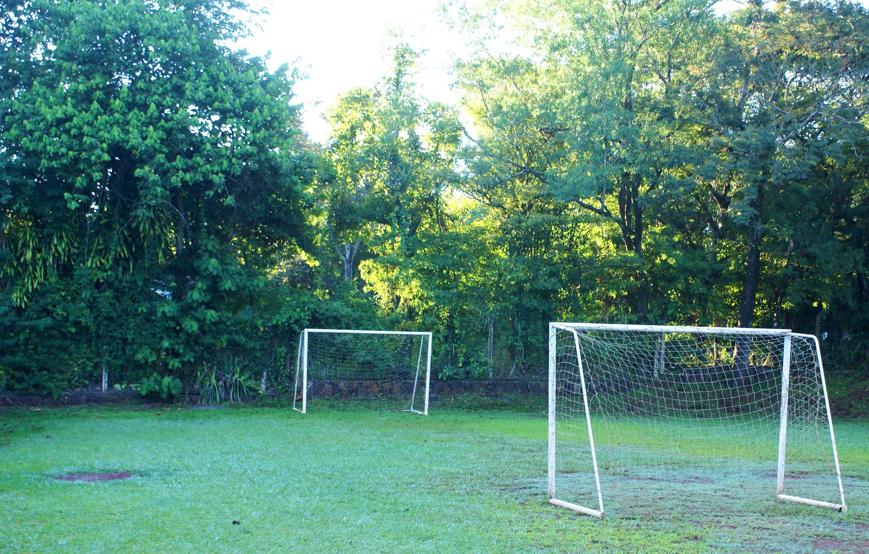 Dos porterías de fútbol en un campo cubierto de césped con árboles al fondo.
