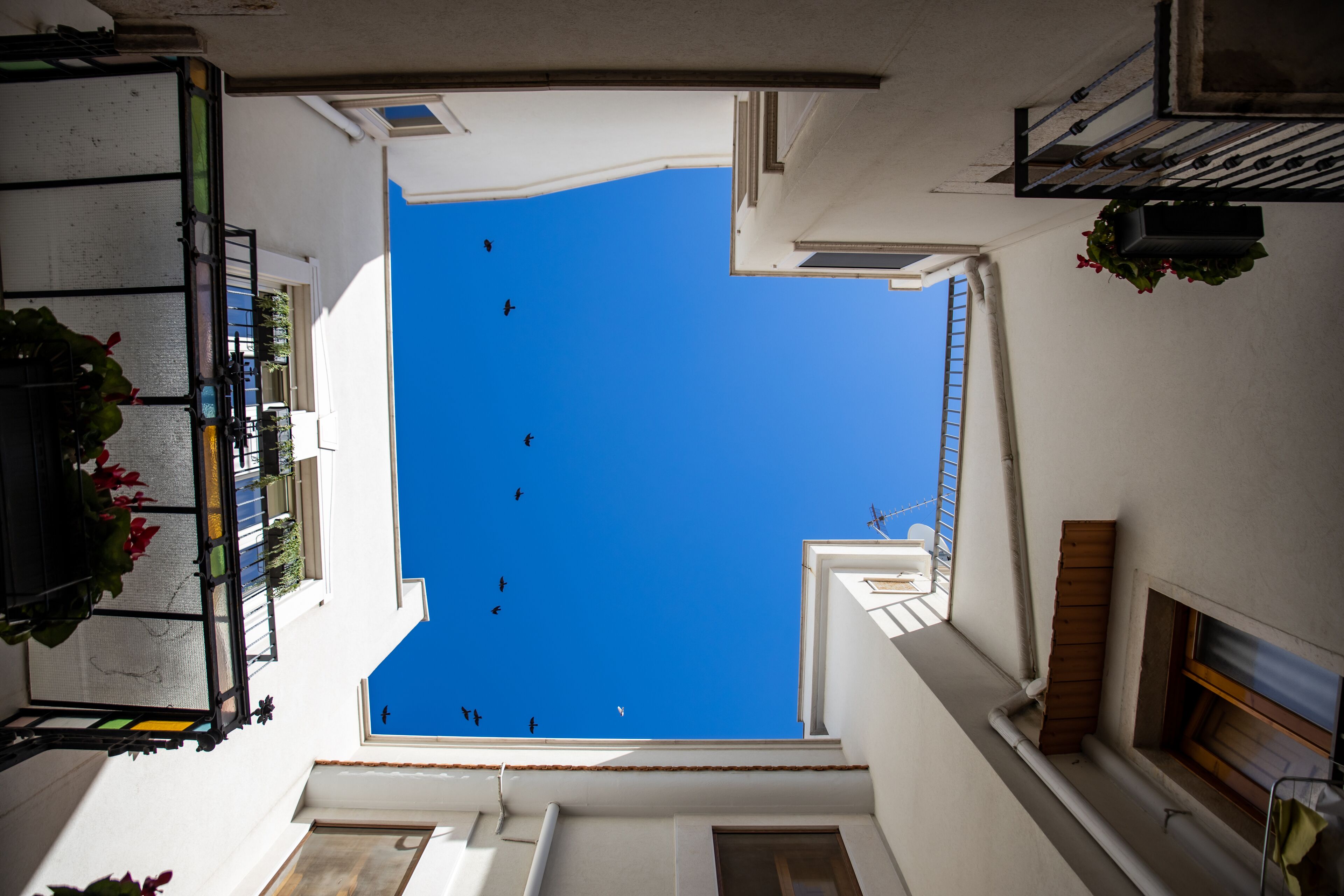 A narrow alleyway with a clear blue sky visible through the gaps between buildings.