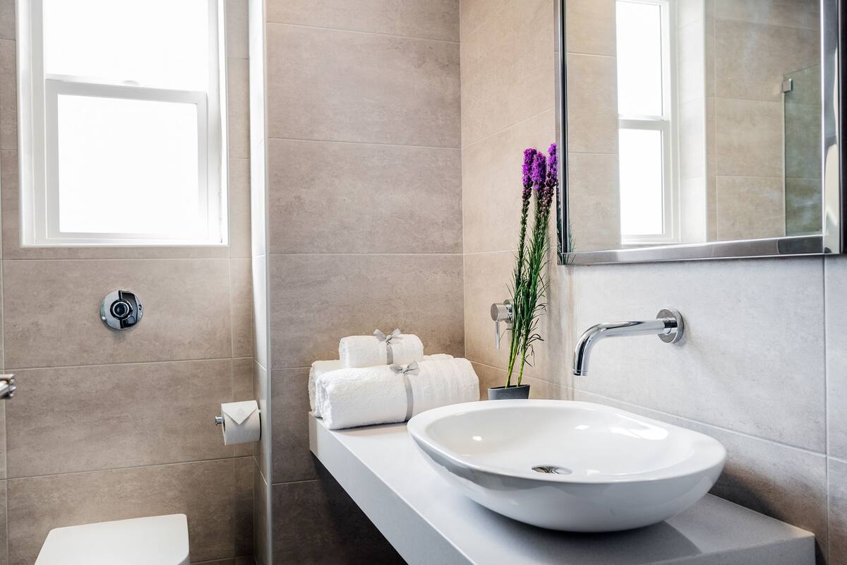 double room, 1 queen bed (street view) | bathroom | shower, rainfall showerhead, free toiletries, hair dryer