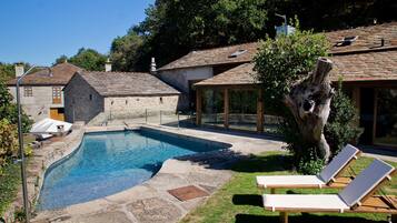 Outdoor pool, pool umbrellas, pool loungers