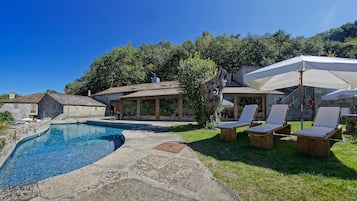 Utomhuspool, parasoller och solstolar