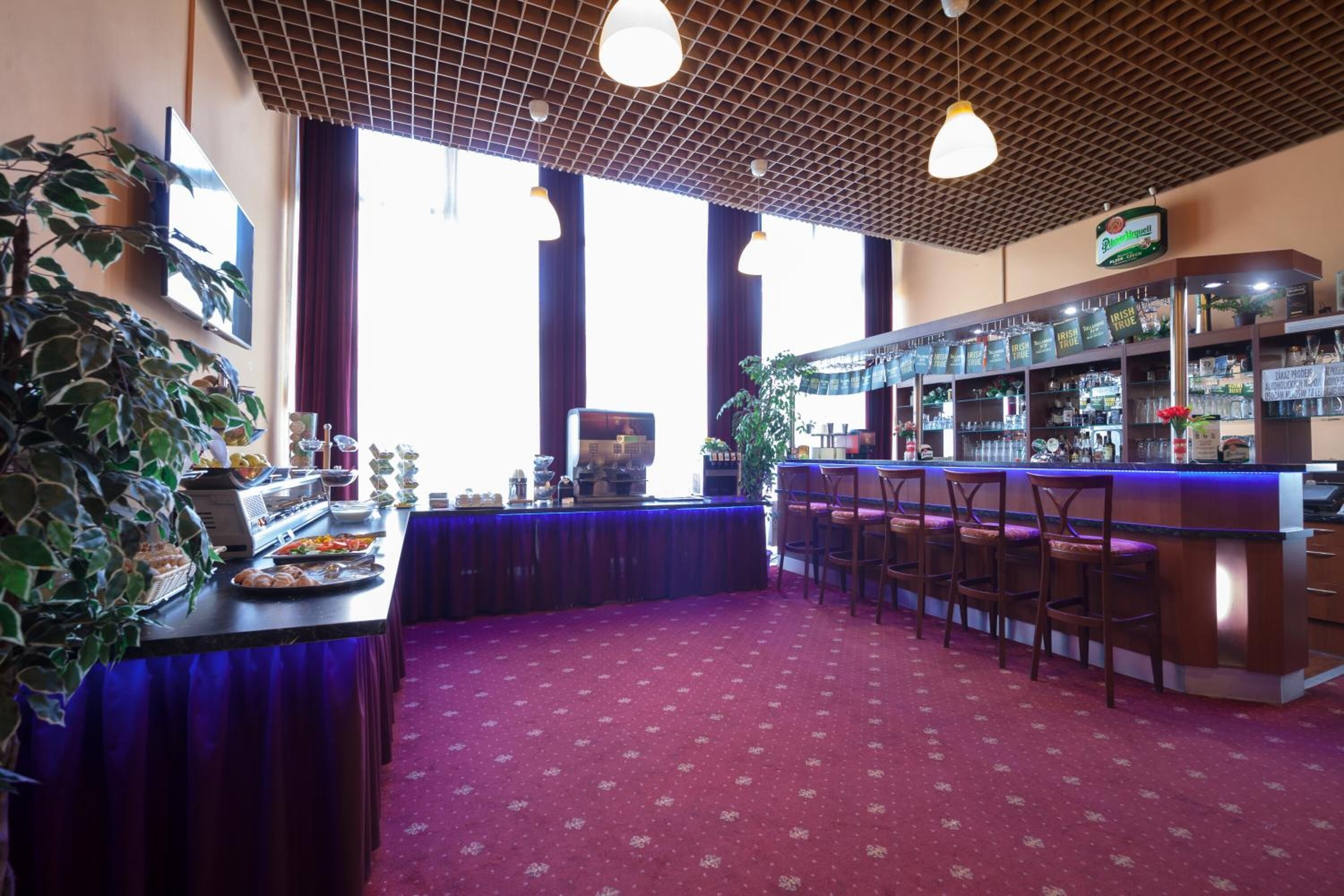 Zona de bar con mostrador, asientos y exhibición de bebidas.