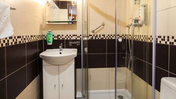 A modern bathroom with a glass-enclosed shower, a sink with a mirror above it, and a toilet.