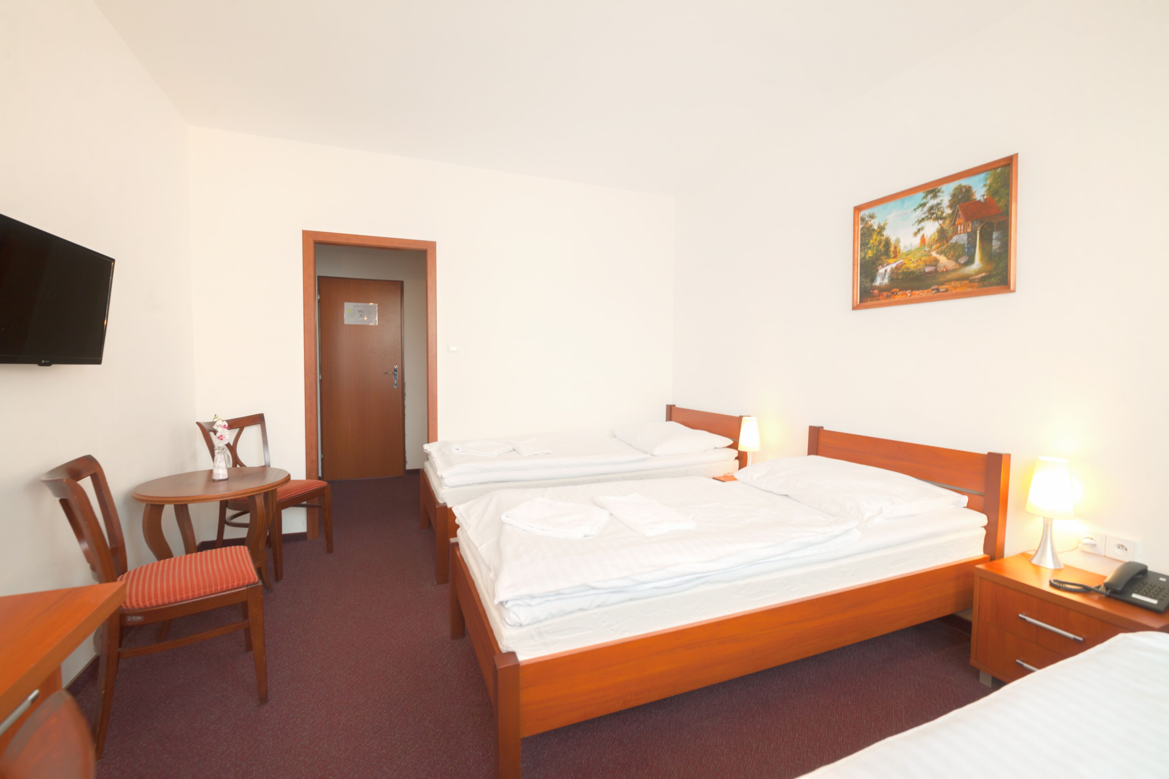 Habitación de hotel con cama de madera, un escritorio con silla, televisión y un cuadro en la pared.