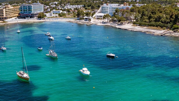 A coastal town with a marina filled with boats, surrounded by buildings and hills. - Els Pins Resort and Spa (Sant Josep de sa Talaia)