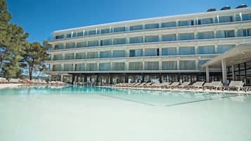 Outdoor pool, pool umbrellas, pool loungers