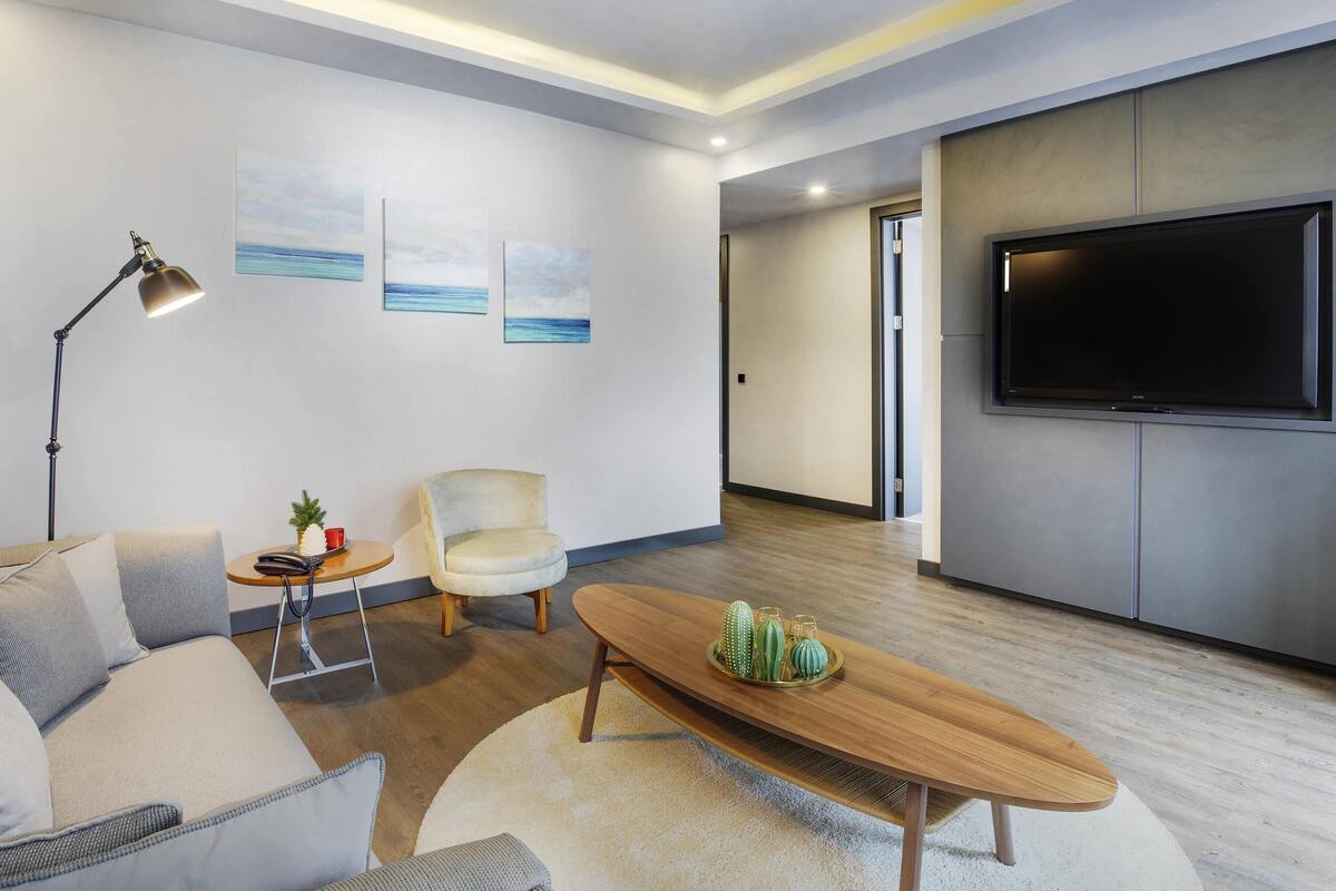 Una sala de estar moderna con un sofá, un sillón, una mesa de centro y un televisor de pantalla plana.