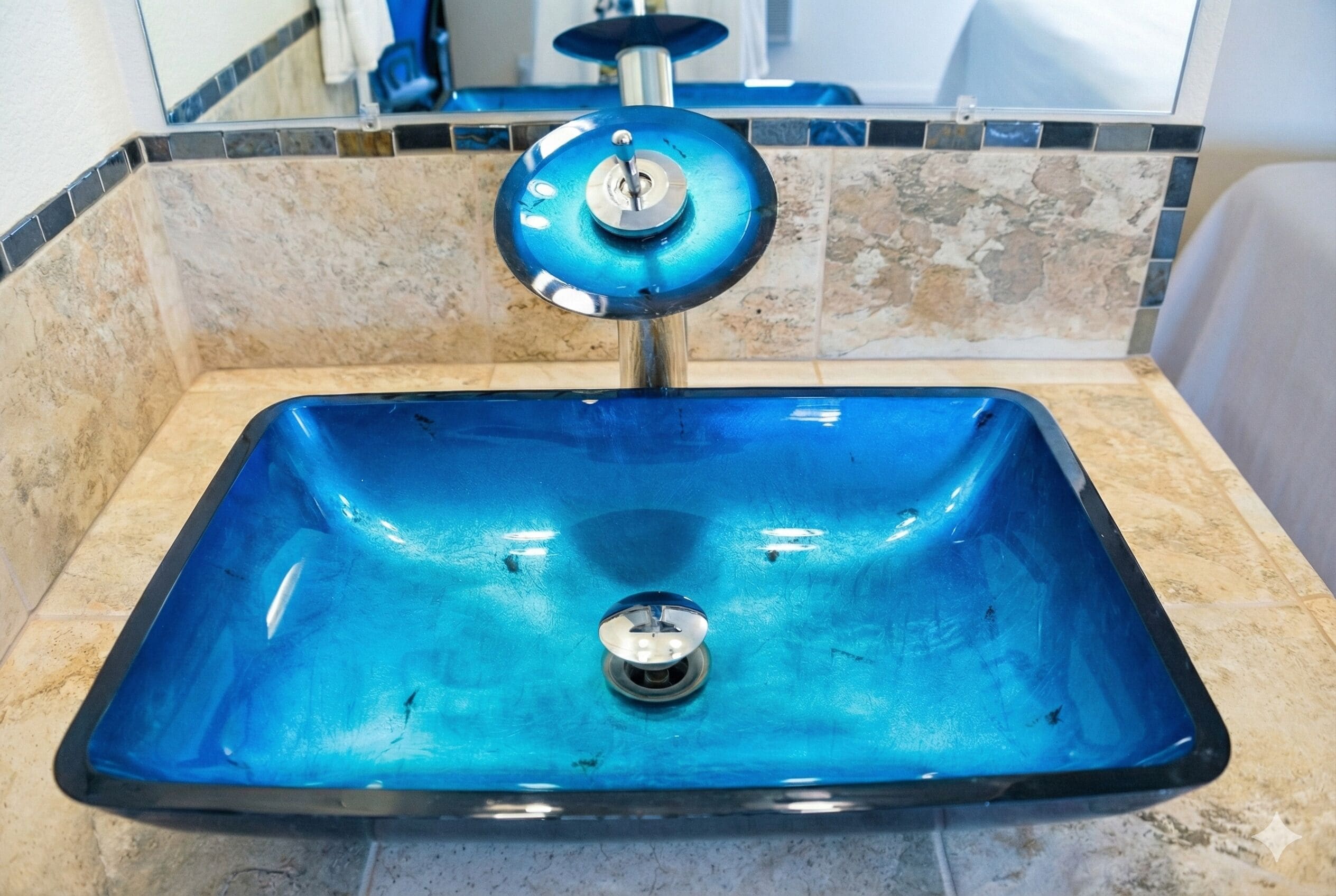 Un lavabo de salle de bain avec un receveur bleu et un robinet chromé.
