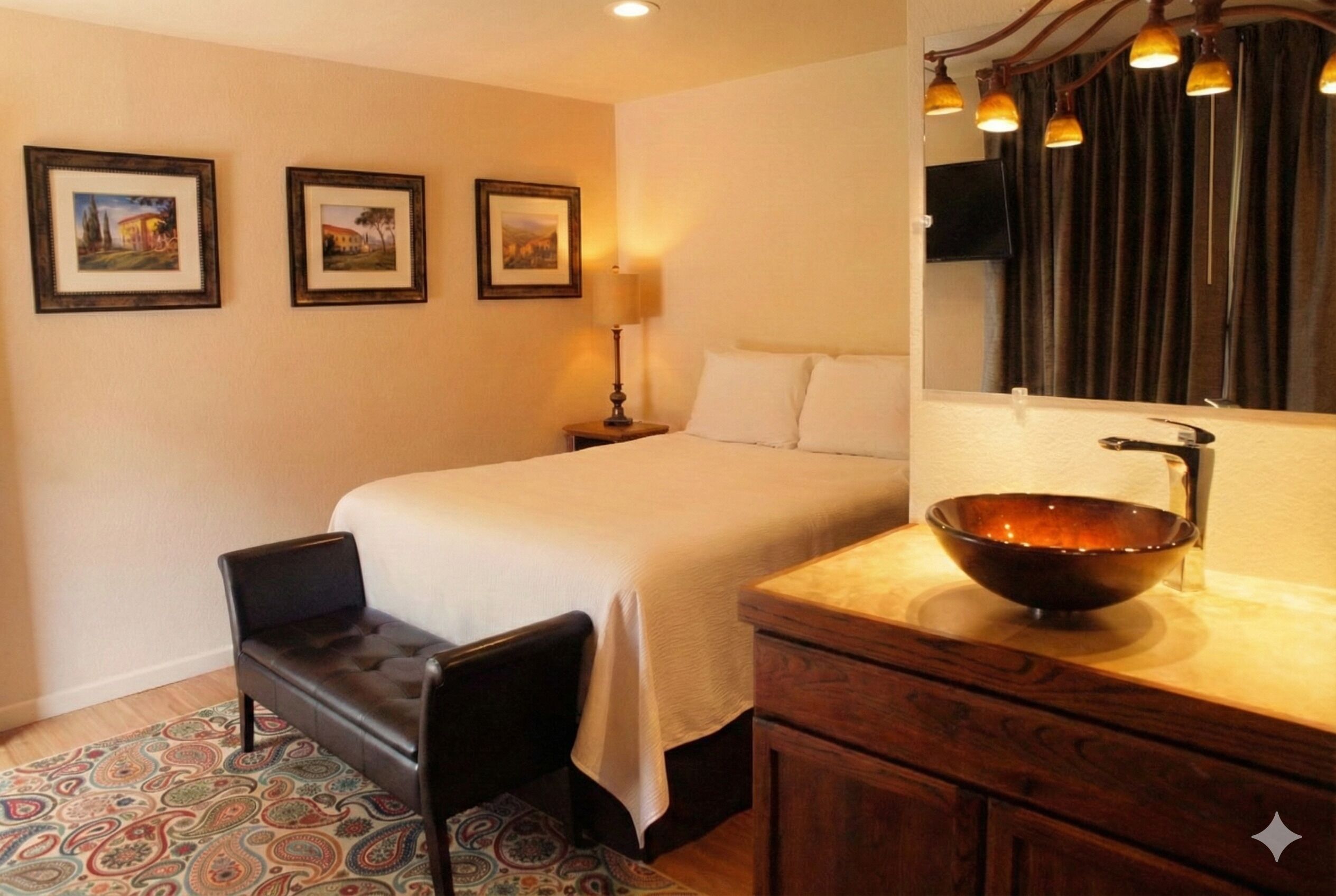 Una habitación de hotel con una cama, una mesita de noche con lámpara, un aparador de madera, un espejo grande y dos cuadros en la pared.