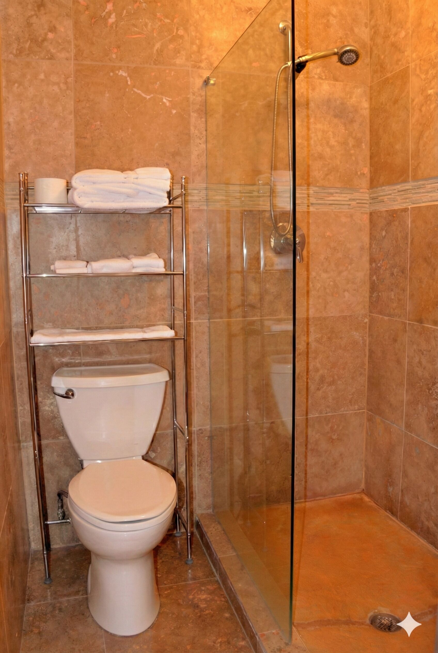 A bathroom with a toilet, a glass-enclosed shower, and shelves with towels.