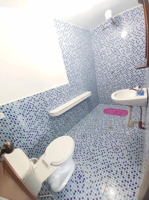 Shower, free toiletries, towels