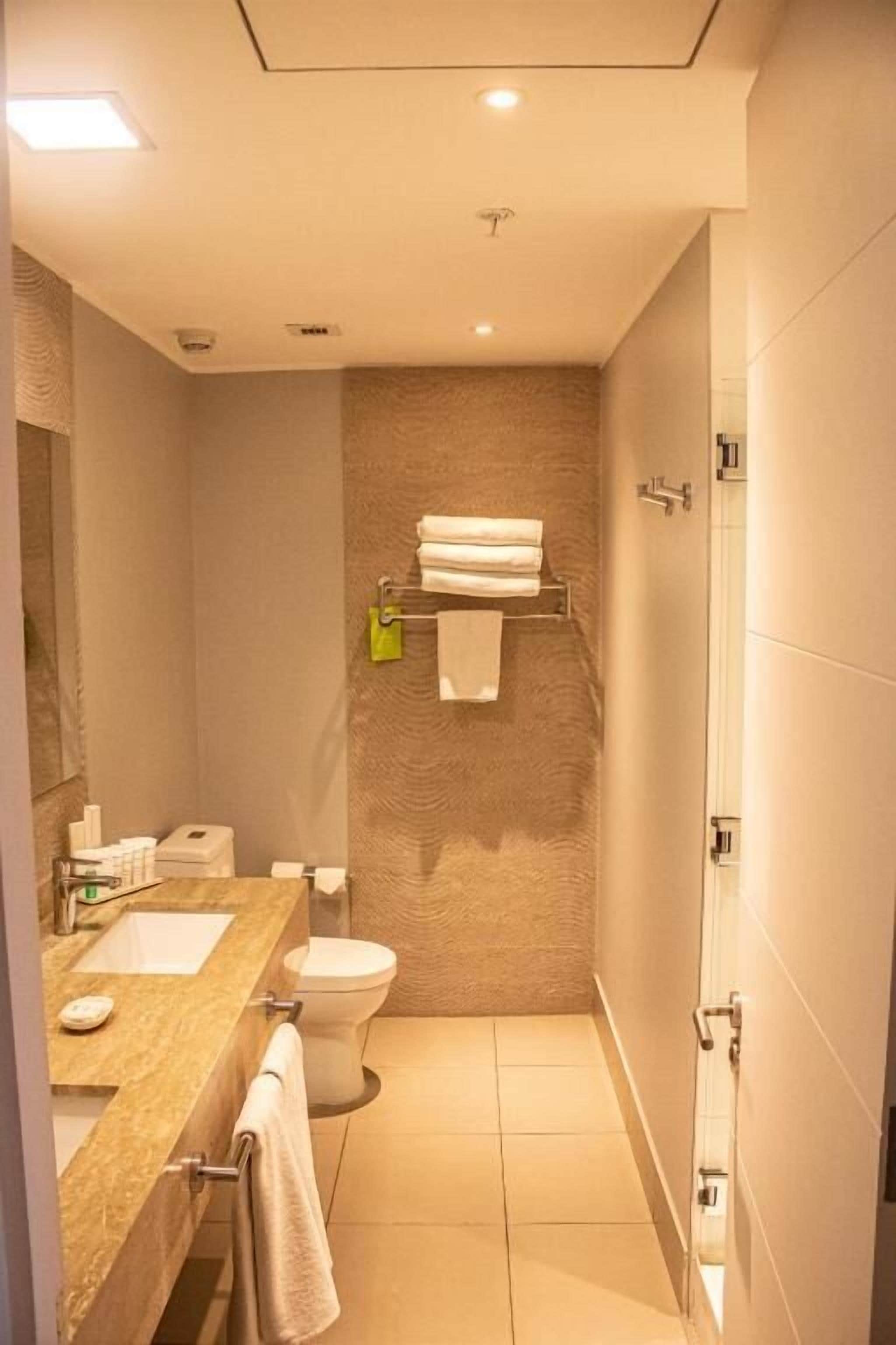 Un baño pequeño con lavamanos, inodoro y toallero.