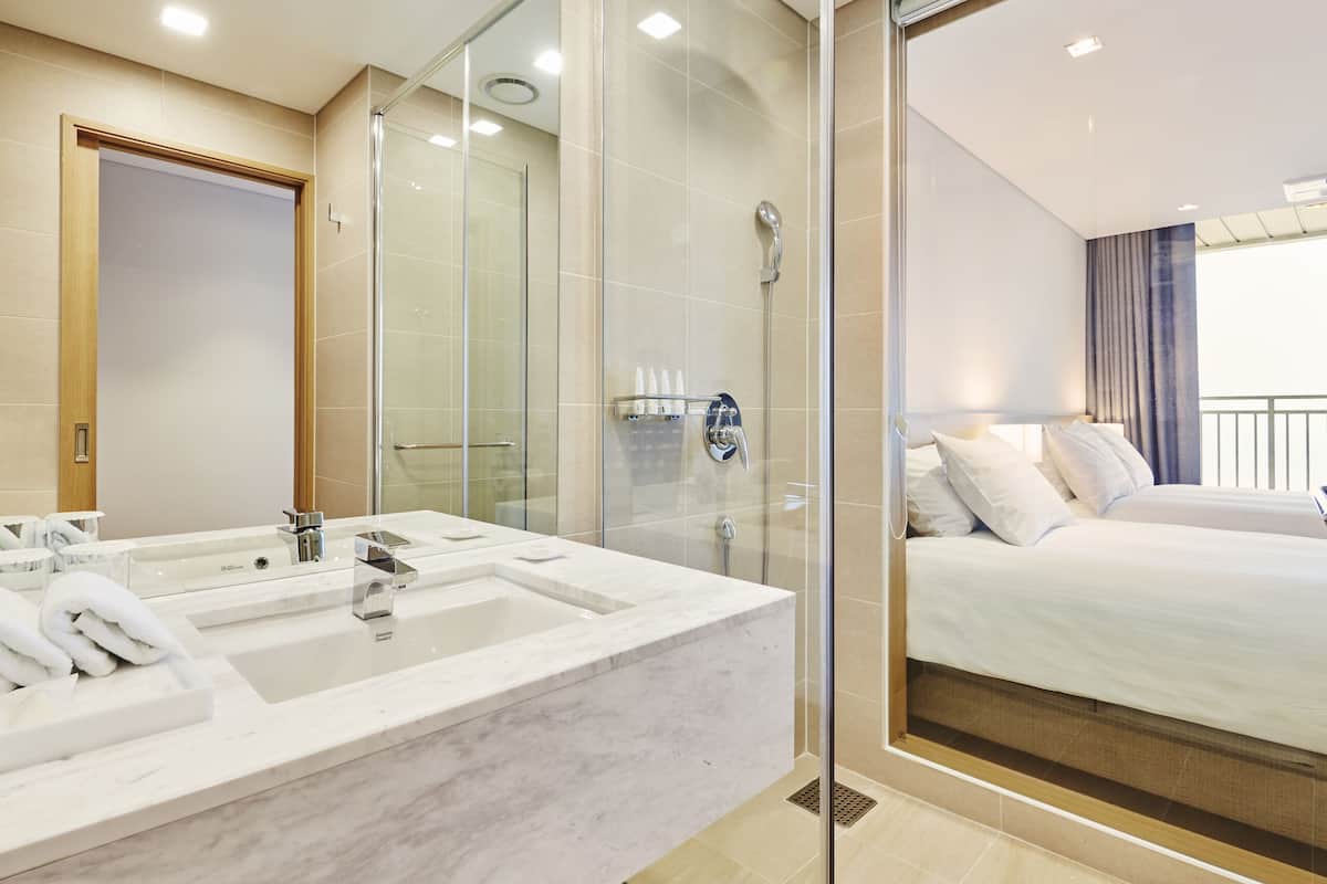 shower, hair dryer, bathrobes, slippers