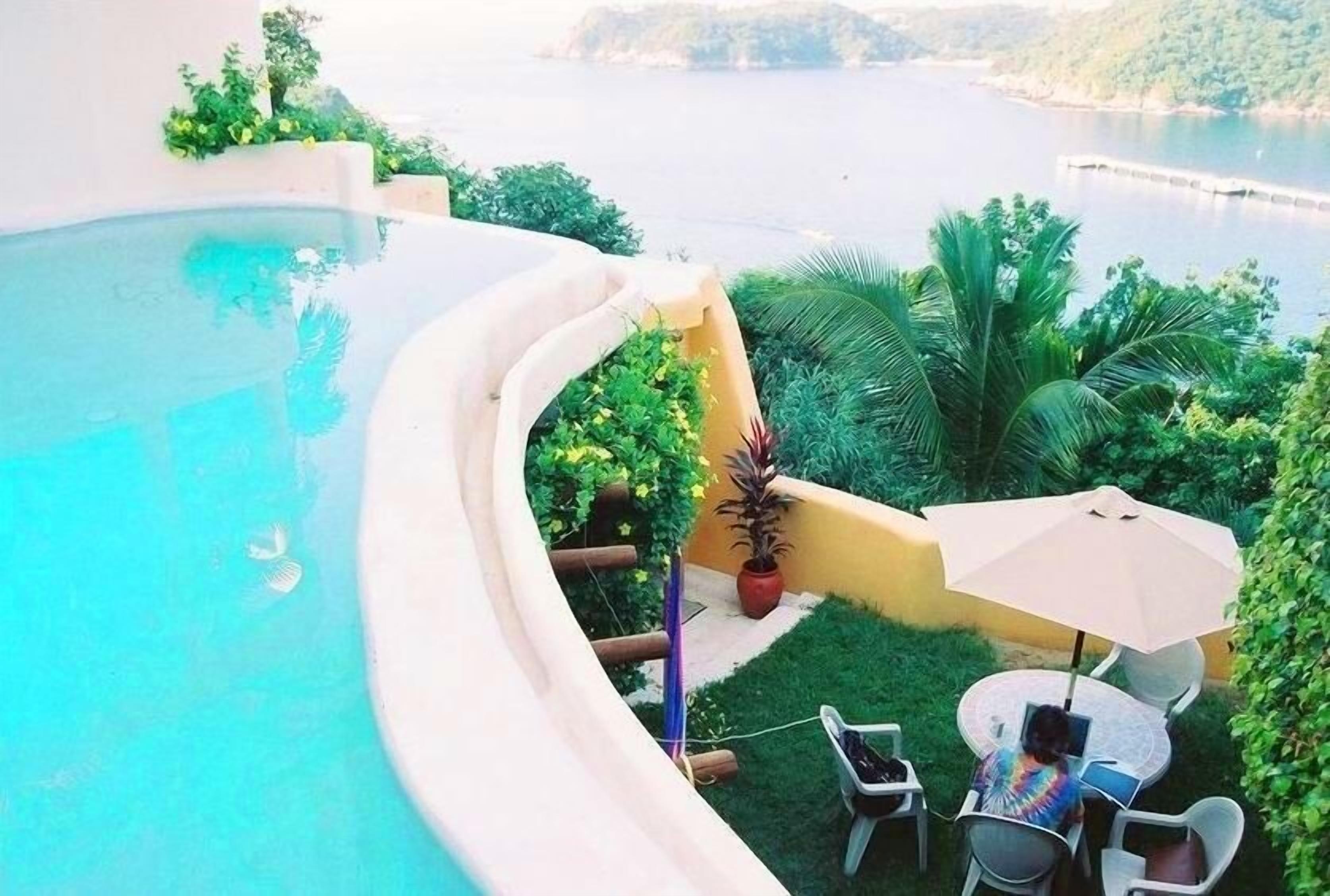 Una piscina infinita curva con vistas a un cuerpo de agua y follaje.