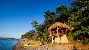 Une plage avec un abri à toit de chaume, un kayak jaune et des palmiers.