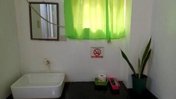 A bathroom with a white sink, a green curtain, a no-smoking sign, and a potted plant.
