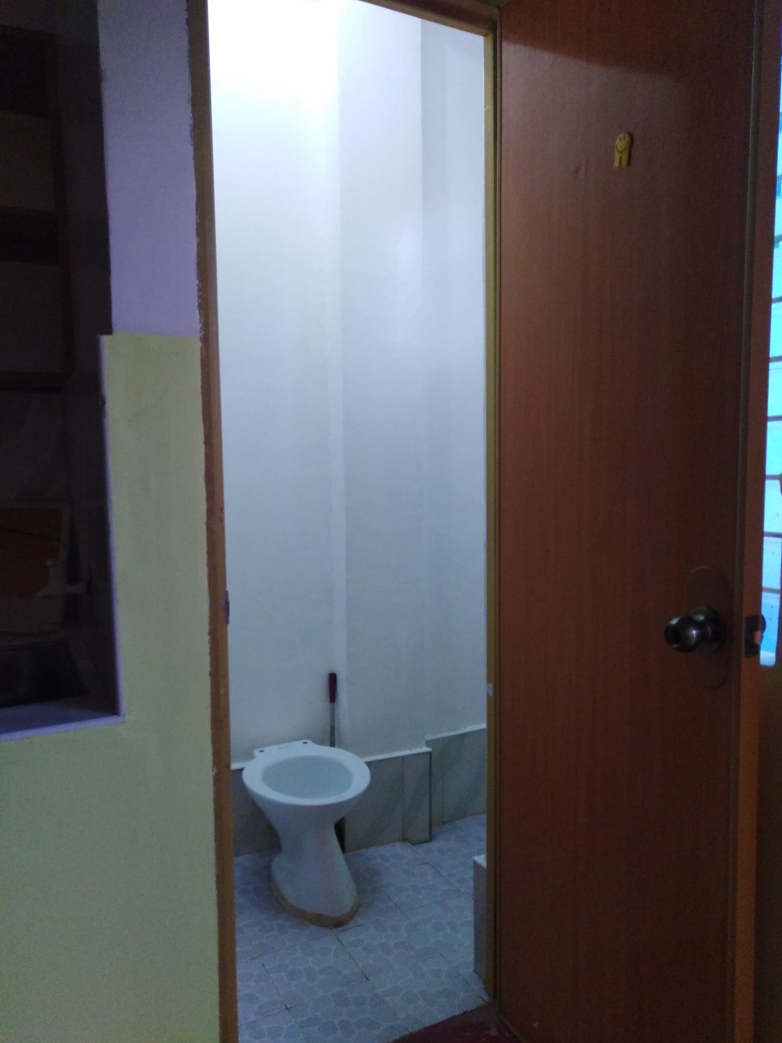 Et badeværelse med toilet, moppe og dør.