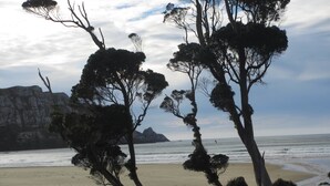 Uma praia com árvores ao primeiro plano e um penhasco rochoso ao fundo.