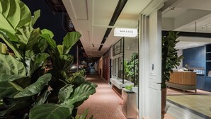 Un couloir agrémenté de grandes plantes vertes, un panneau indiquant « bunk & bilik », et un aménagement intérieur moderne avec un comptoir et des meubles en bois.