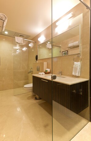 A modern bathroom with a glass shower enclosure, a vanity with a mirror, and a toilet. - Iris Premire (Ahmednagar)