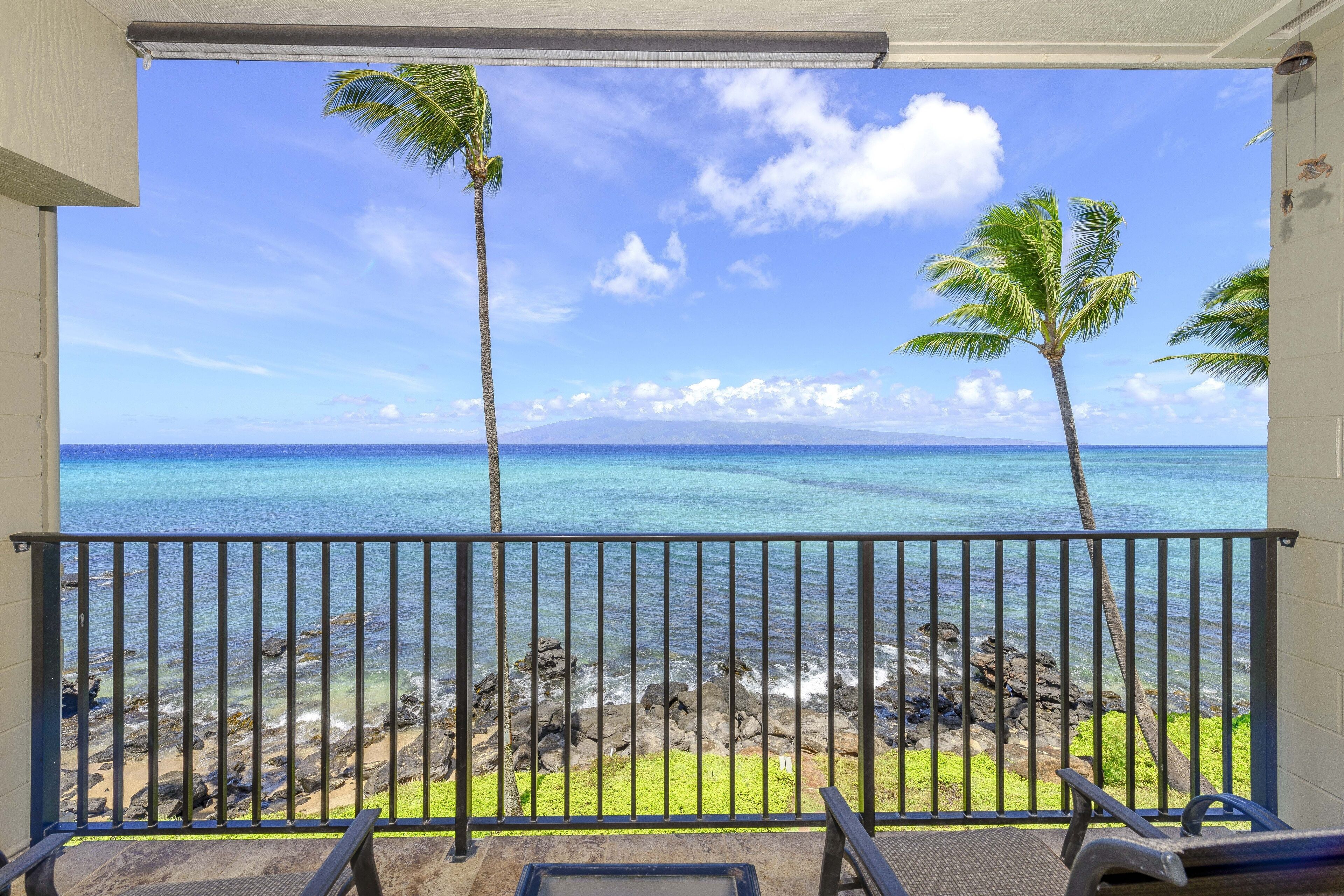 A balcony with a view of the ocean and two palm trees.